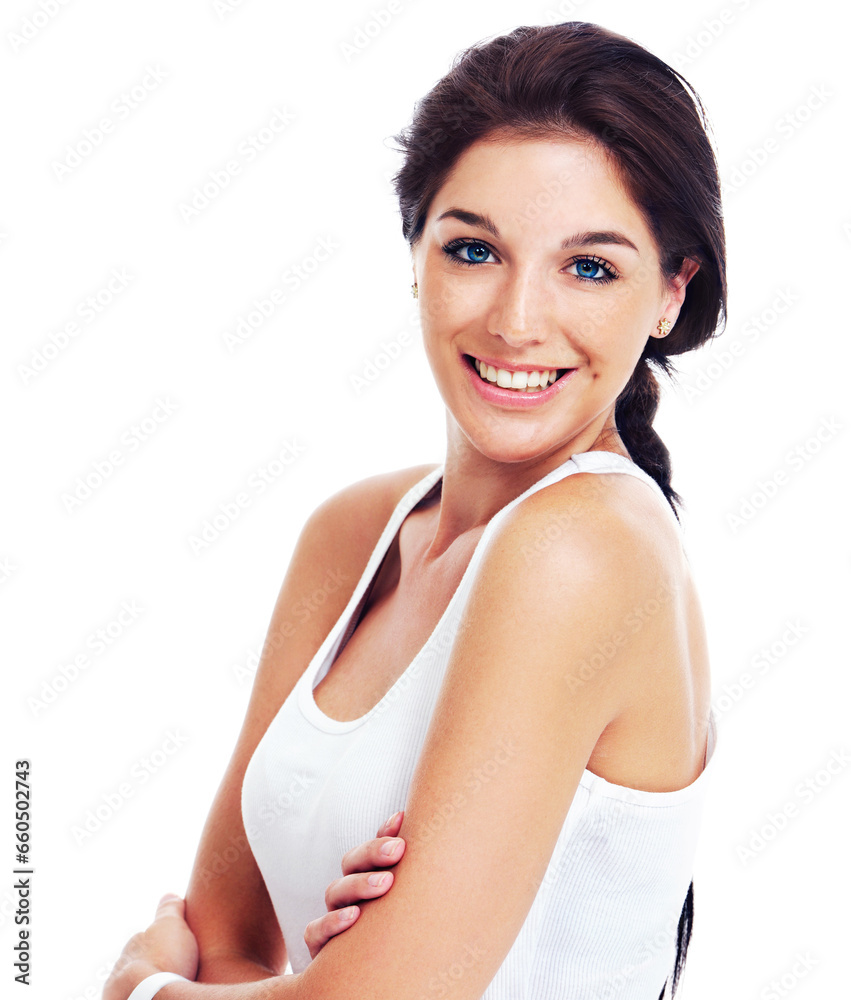 Woman, smile and portrait studio for confident, natural beauty or fresh face. Female model person, happy and t-shirt for self care, cool or white background for relax, casual or style for good mood Woman, smile and portrait studio for confident, natural beauty or fresh face. Female model person, happy and t-shirt for self care, cool or white background for relax, casual or style for good mood