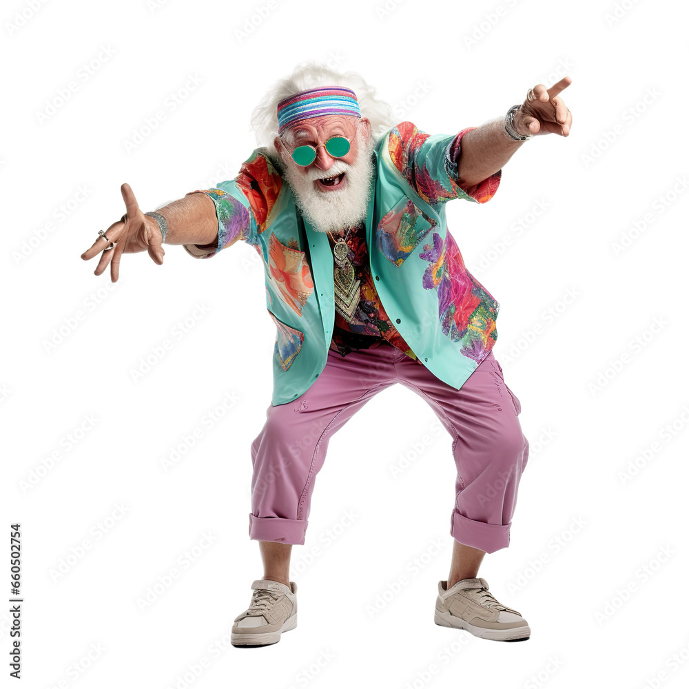 Caucasian grandfather, dressed in a 80s style outfit, isolated on white or transparent background. AI Generated.