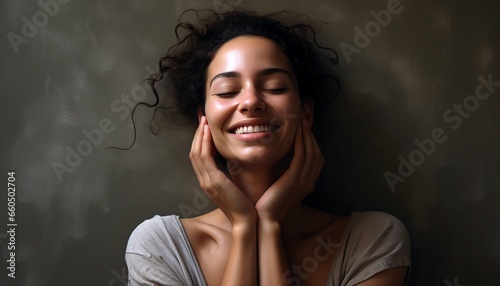 Smiling Woman with Hands on Face in Smooth Curves Style