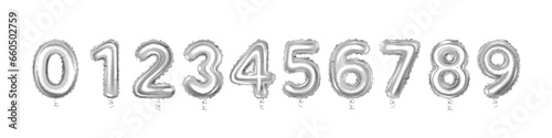 Set of silver balloons numbers set, isolated on white background.	 photo
