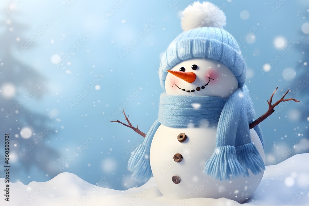 Snowman with a blue scarf and blue hat smiling. Holiday concept. Light colors. - obrazy, fototapety, plakaty 