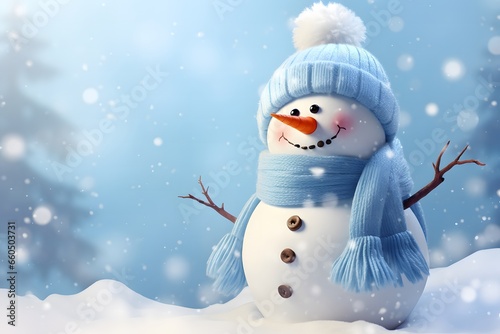 Snowman with a blue scarf and blue hat smiling. Holiday concept. Light colors.