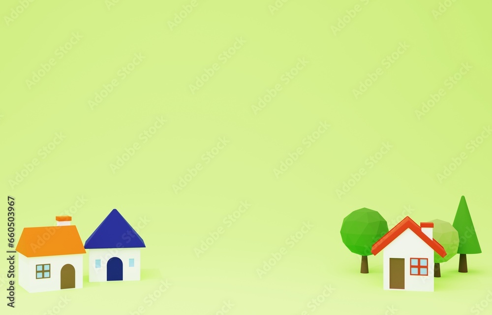 3D素材_かわいい家と木