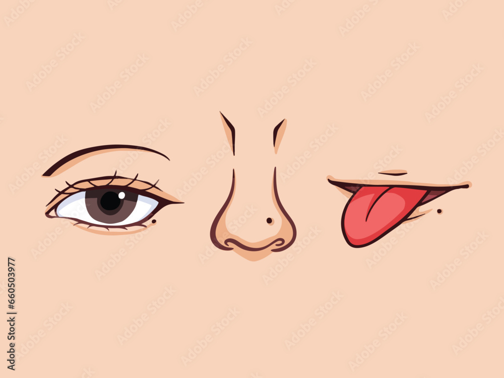 Eye, Nose, and mouth with tongue out. Each have one mole around. Human