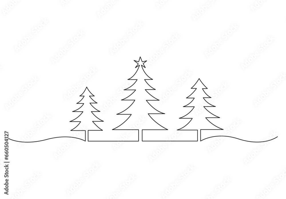 Fototapeta premium One continuous line drawing Christmas tree. Isolated on white background vector illustration. Premium vector.