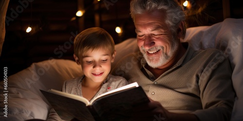 Child listening intently to a bedtime story told by a grandparent , concept of Active imagination