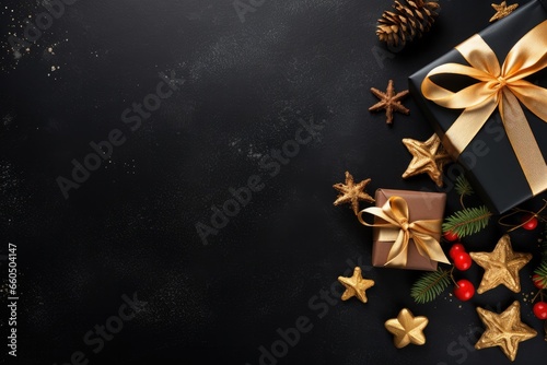 Christmas dark background with christmas decoration, top view, Generative AI
