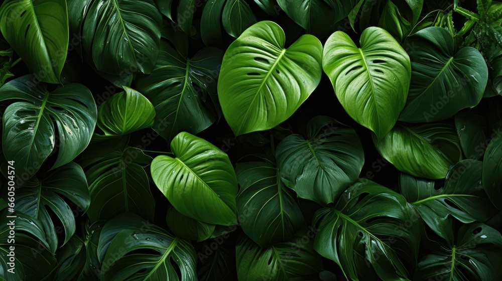 Fototapeta premium Closeup nature view of green leaf and palms background, flat lay, Generative AI