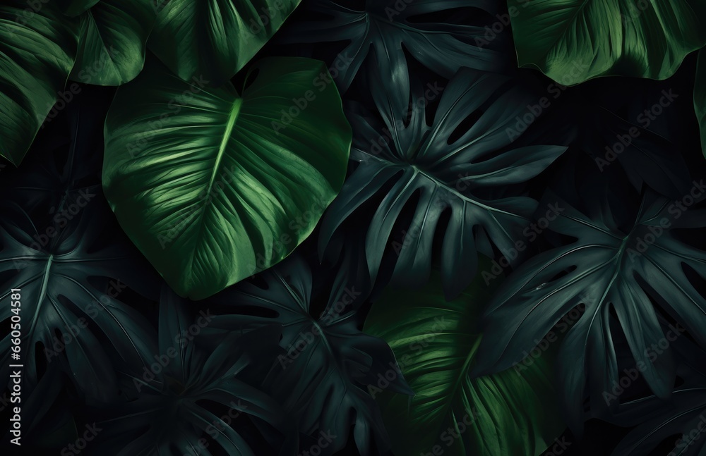 Fototapeta premium Closeup nature view of green leaf and palms background, flat lay, Generative AI