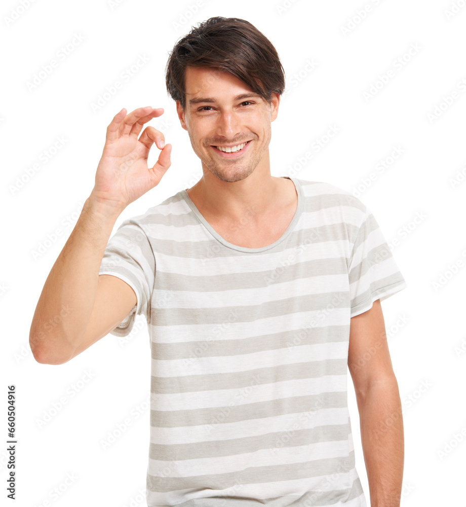 Man, okay and smile portrait for advertising review marketing, good communication or promotion. Male person, ok finger and emoji hand gesture in studio for happy feedback, results or agreement sign
