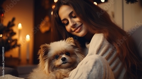 A beautiful girl in a knitted sweater pets a dog, a cozy evening. Generation AI