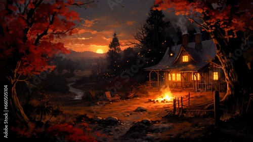 Evening landscape of a house by the river, fire. Generation AI