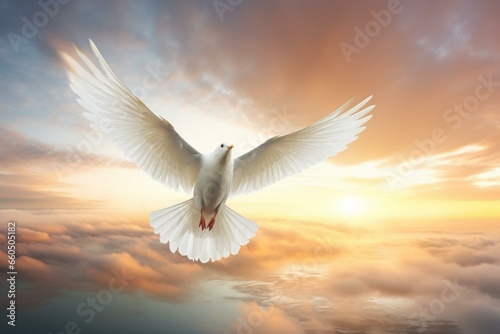 A peaceful white bird flying gracefully across the sky. Generative AI