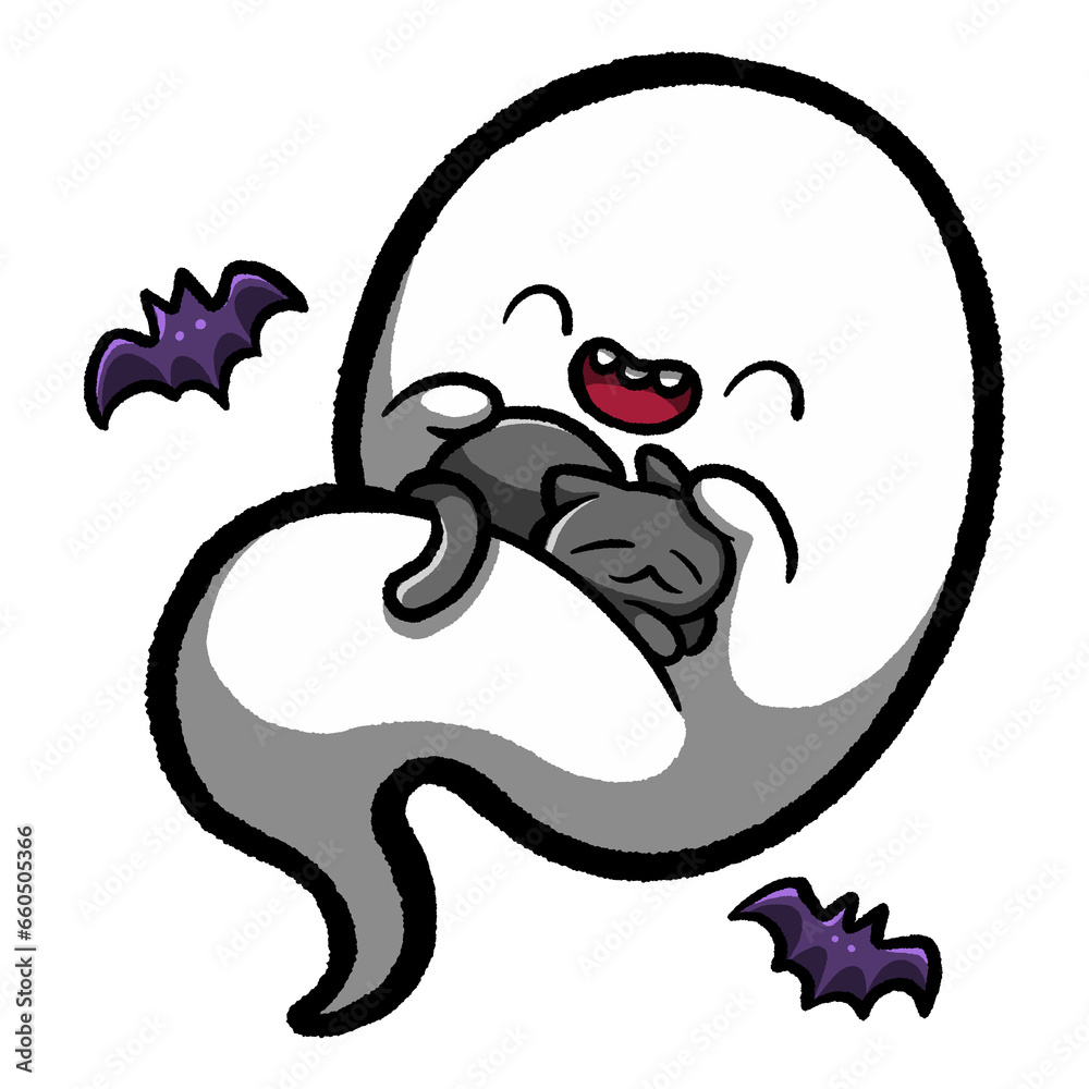 Funny Halloween illustration. Cute little black cat Lying comfortably on a big ghost and many bats flying around. Funny Halloween illustration. Cute little black cat Lying comfortably on a big ghost and many bats flying around.