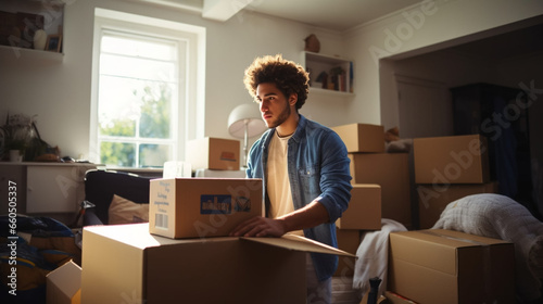 stockphoto, copy space, A male college freshman unpacking his things and stuff, moving into his university dorm room. Young male student arranging his stuff in his dorm room. Student theme, education © Dirk