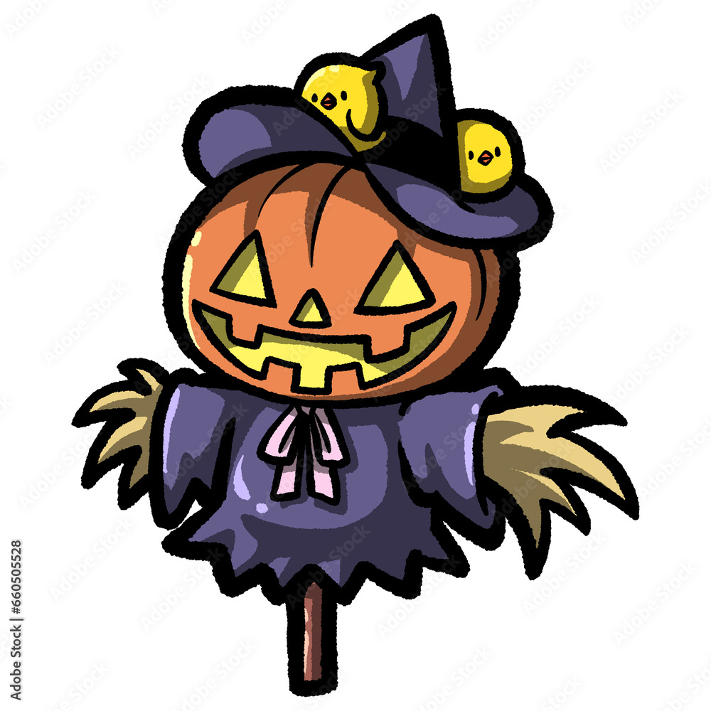 Funny Halloween illustration. The creepy scarecrow with a pumpkin head wearing a witch costume and there were two birds on the hat. Funny Halloween illustration. The creepy scarecrow with a pumpkin head wearing a witch costume and there were two birds on the hat.