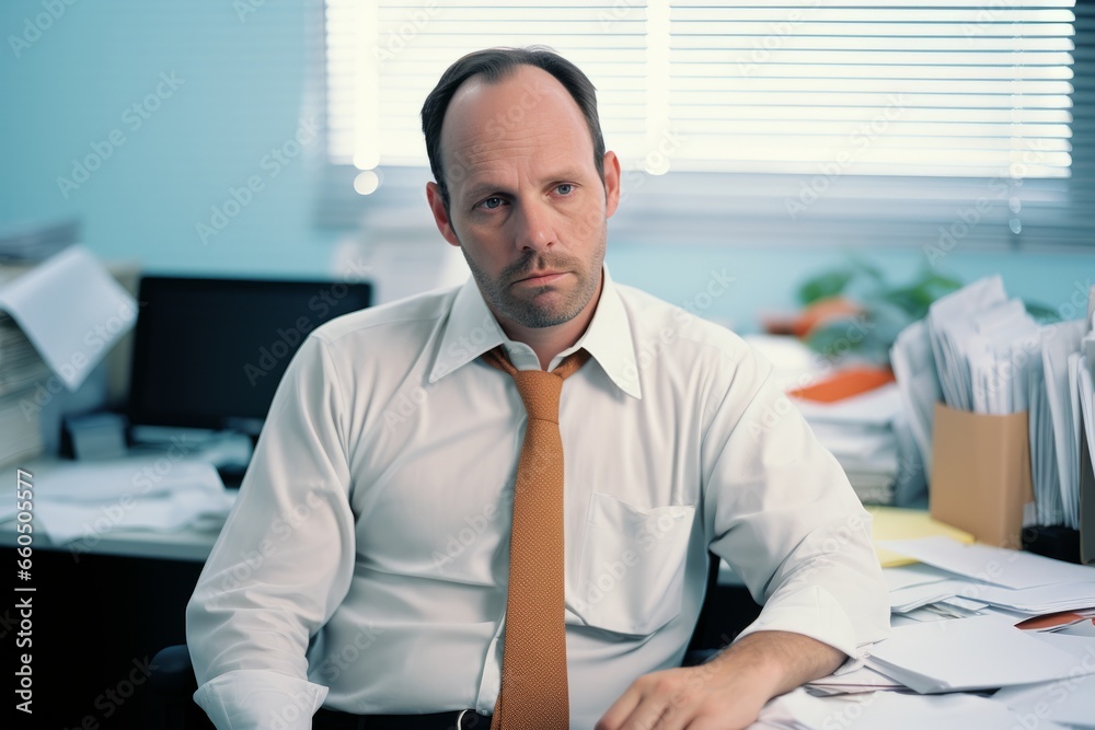 Naklejka premium A middle-aged male employee in a modern office, his face etched with sadness and discontent. The weight of corporate life manifests in his depressed and disgruntled feelings.