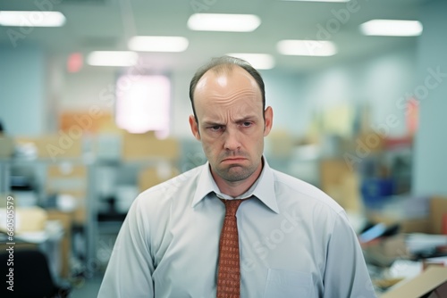 A middle-aged male employee in a modern office  his face etched with sadness and discontent. The weight of corporate life manifests in his depressed and disgruntled feelings.