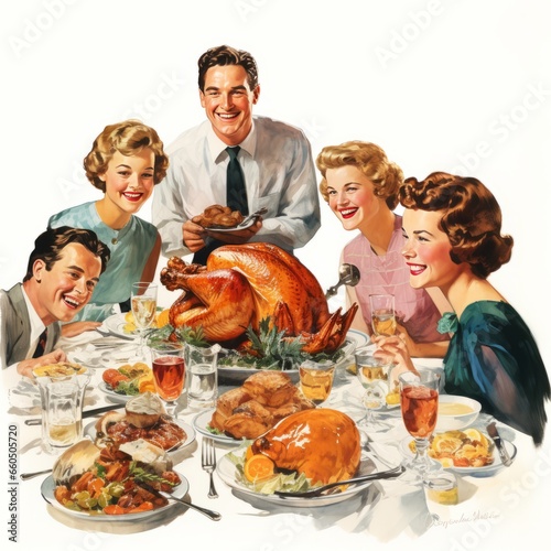 A vintage 1950s illustration depicts a family joyfully gathered around the dinner table, eagerly anticipating a bountiful Thanksgiving turkey in a heartwarming retro setting.
