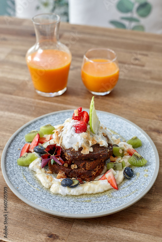 Healthy organic vegan food and drinks on wooden table