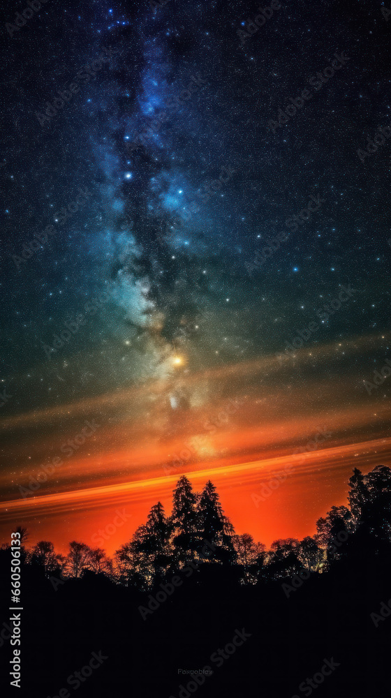 Naklejka premium sunset in the mountains, sunset in the sky, Saturne with a lot of Colors and lot of stars