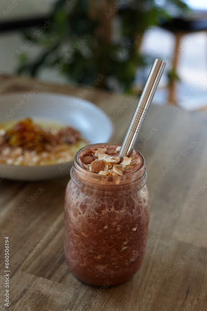 Healthy vegetarian smoothie on wooden table Healthy vegetarian smoothie on wooden table