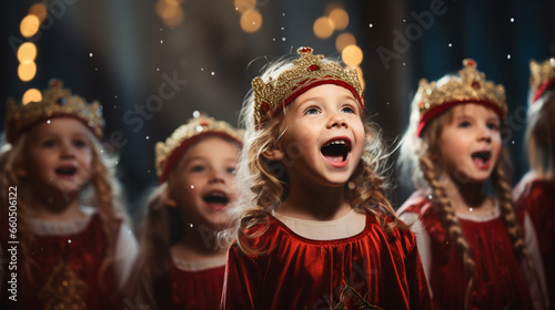 cute children in red costumes singing christian Christmas songs