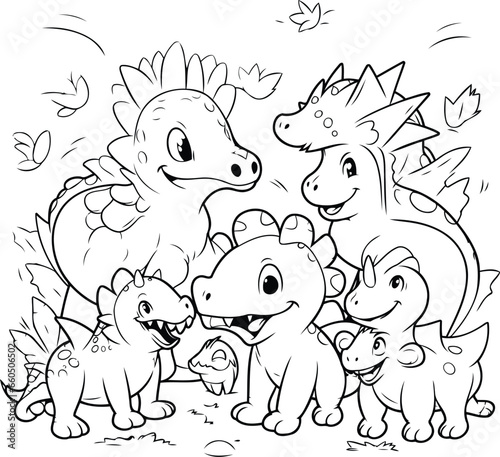 Fototapeta Naklejka Na Ścianę i Meble -  Cartoon dinosaurs family. Vector illustration of cute dinosaurs family for coloring book