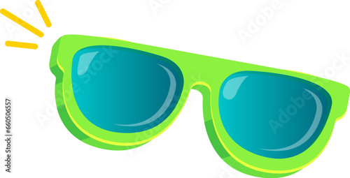 Green sunglasses with blue lens isolated on white background. Cartoon funny kids green summer sunglasses icon, label and sign. Cool hipster Sunglasses vector graphic illustration
