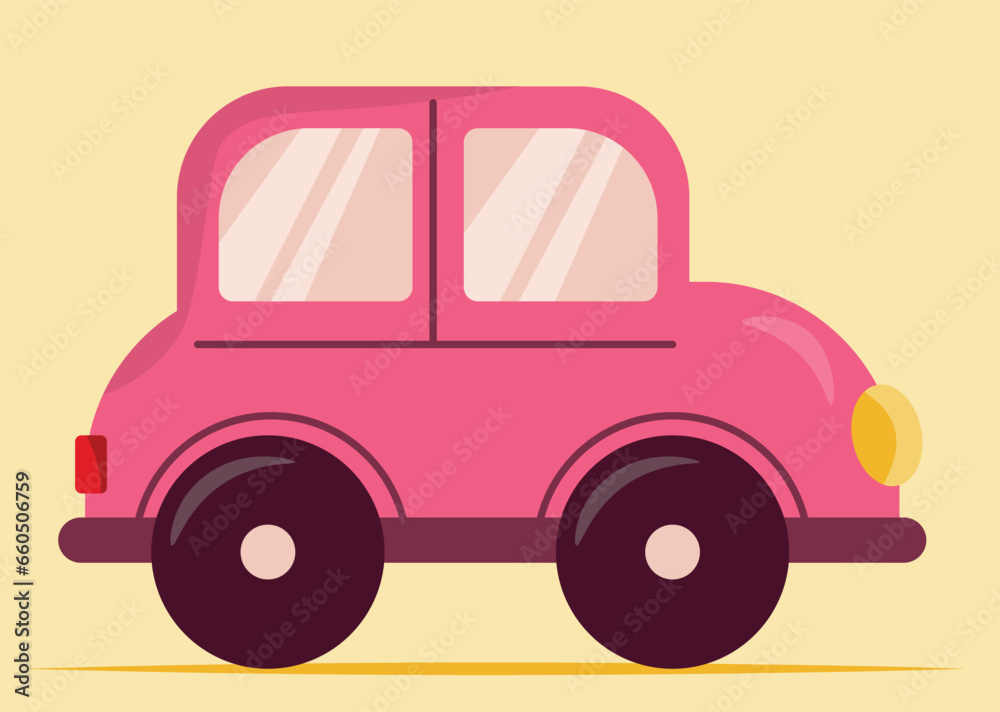 Pink cartoon car on yellow background Pink cartoon car on yellow background