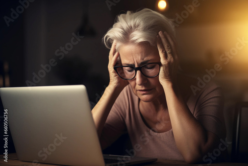 Foto Frustrated older woman unable to cope with the problem
