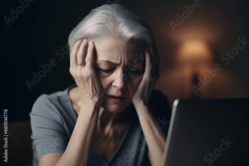 Stressed Senior Woman Managing Retirement Finances on Laptop. Generative Ai.