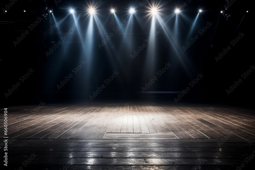 Obraz premium Illuminated concert stage, spotlights background with copy space. Generative Ai.