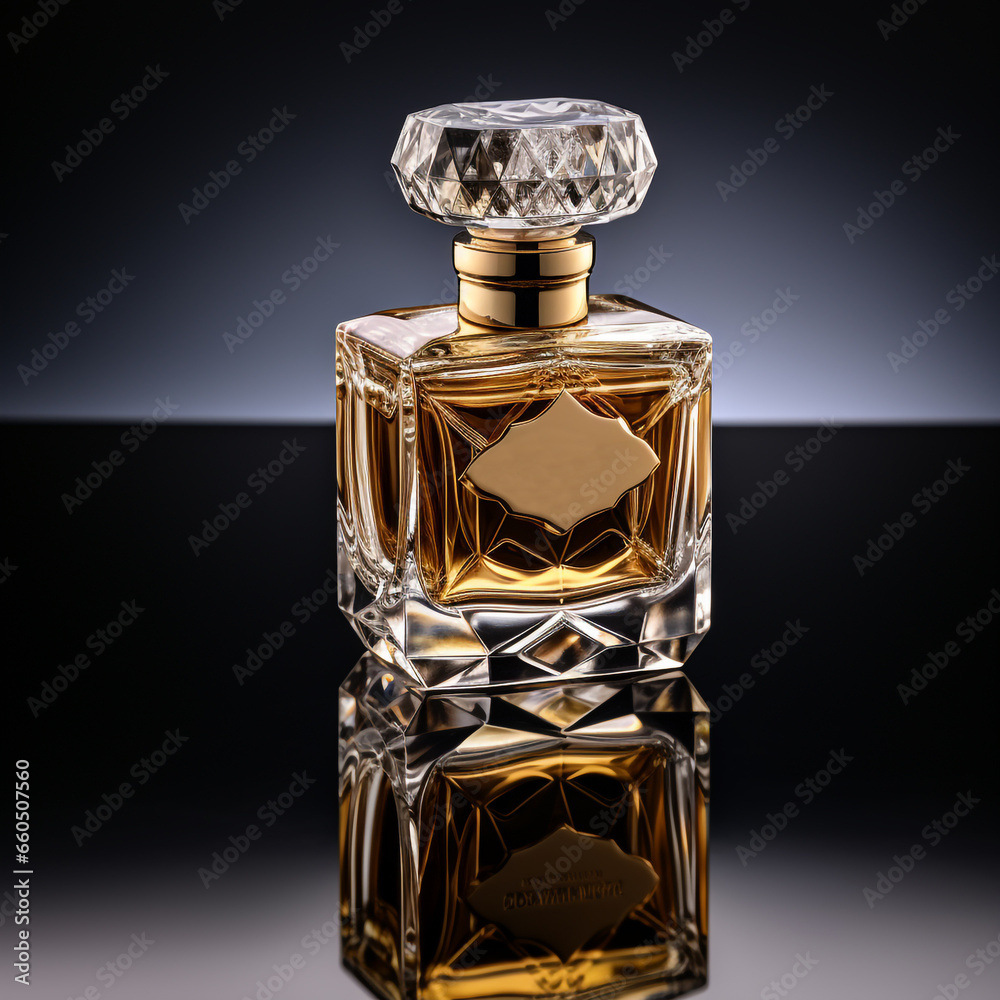 Perfume bottle with a beautiful and luxurious design isolated on dark background. There is perfume in the bottle. Perfume bottle with a beautiful and luxurious design isolated on dark background. There is perfume in the bottle.