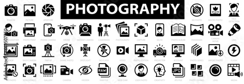 Photography icon set. Photo camera, photographer, video camera, image, objective, picture, user photo and more. Vector illustration