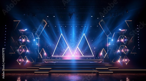 Empty neon stage for show, rays, spotlights, neon. Generation AI