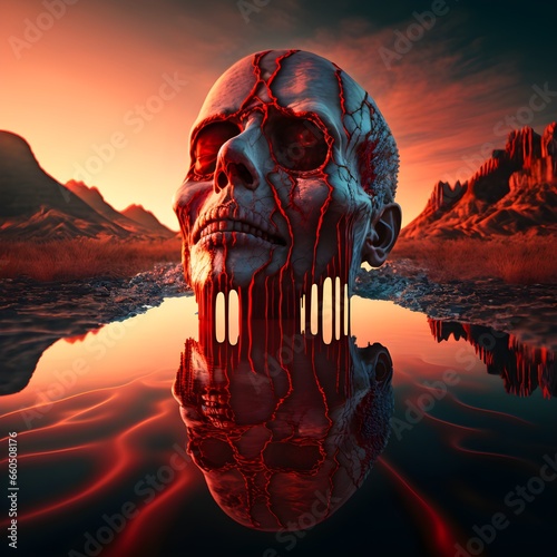 anatomic man crying red water over skull landscape hyper realistic micro details volumetric lights award winning photography 8K EF 85mm f18 USM Prime Lens ISO 100 Depth OF Field vibrant colors  photo