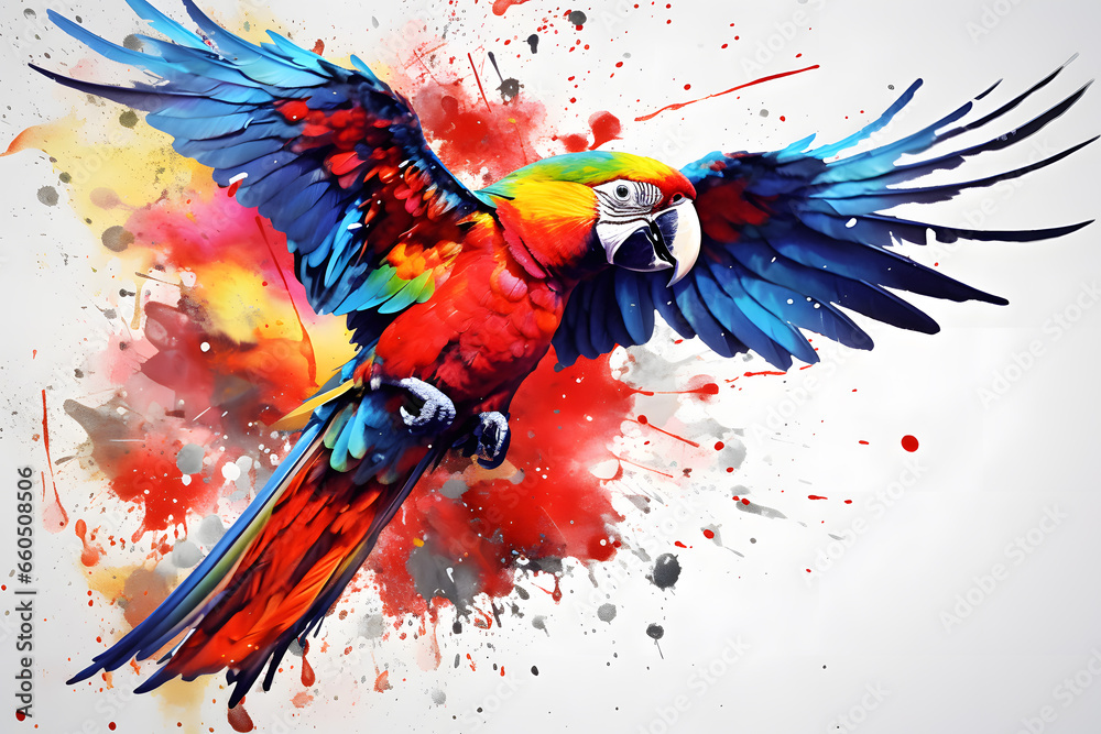 Obraz premium Modern colorful watercolor painting of a parrot, textured white paper background, vibrant paint splashes. Created with generative AI