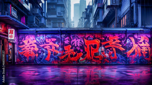 Street photograph, magenta kanji graffiti under blacklight in cyberpunk tokyo city, Generative AI