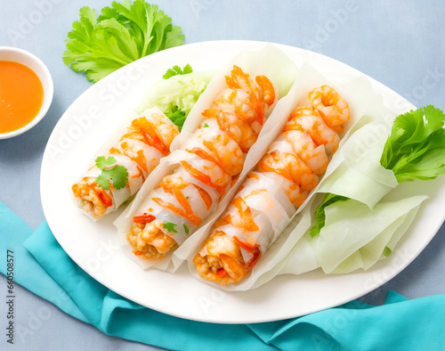 Fresh summer shrimp and vetgetables rolls Vietnamese food for healthy food photo