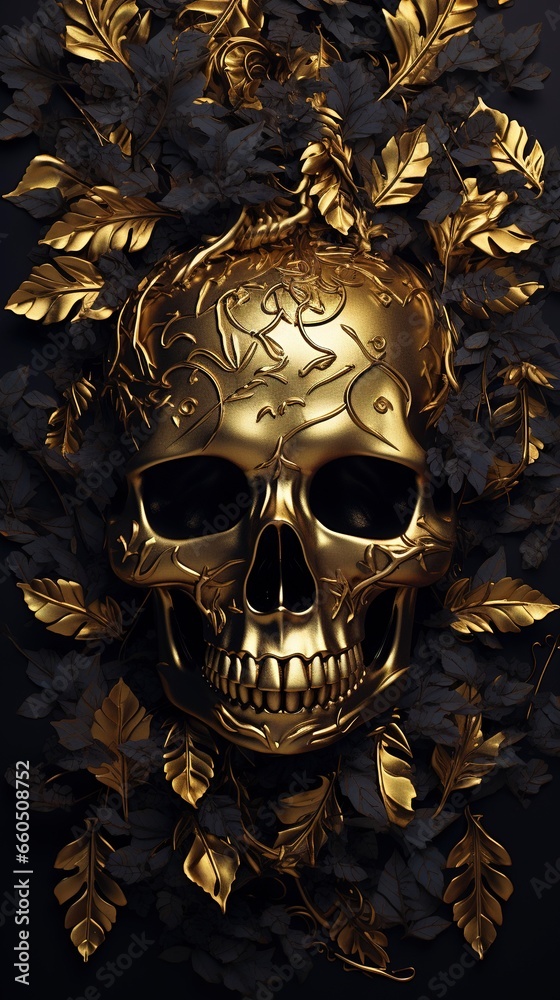 Skull with golden leaves. Generation AI