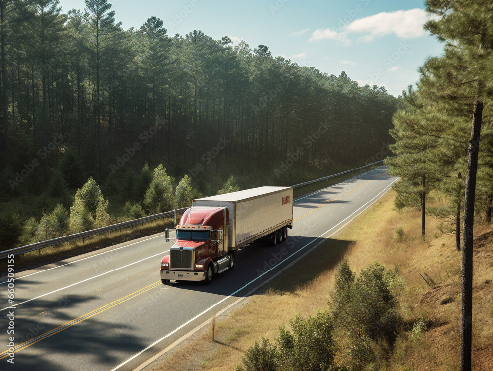 Aerial view showing multiple trucks driving on busy highways, emphasizing transportation and logistics.