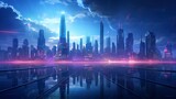 Panorama of a night modern city with neon light. Generation AI