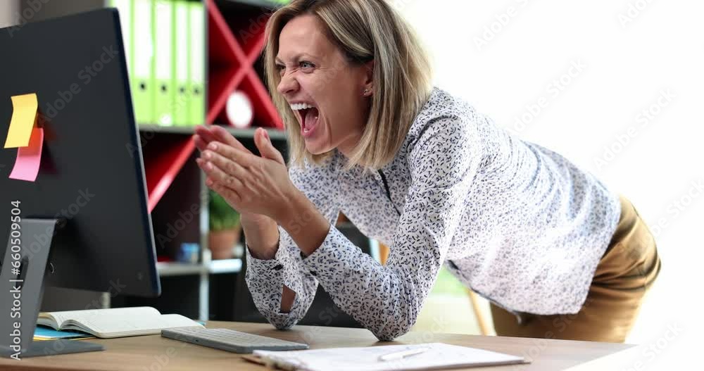 Excited woman feeling euphoric celebrating result of online win success. Businesswoman happy with good news via email
