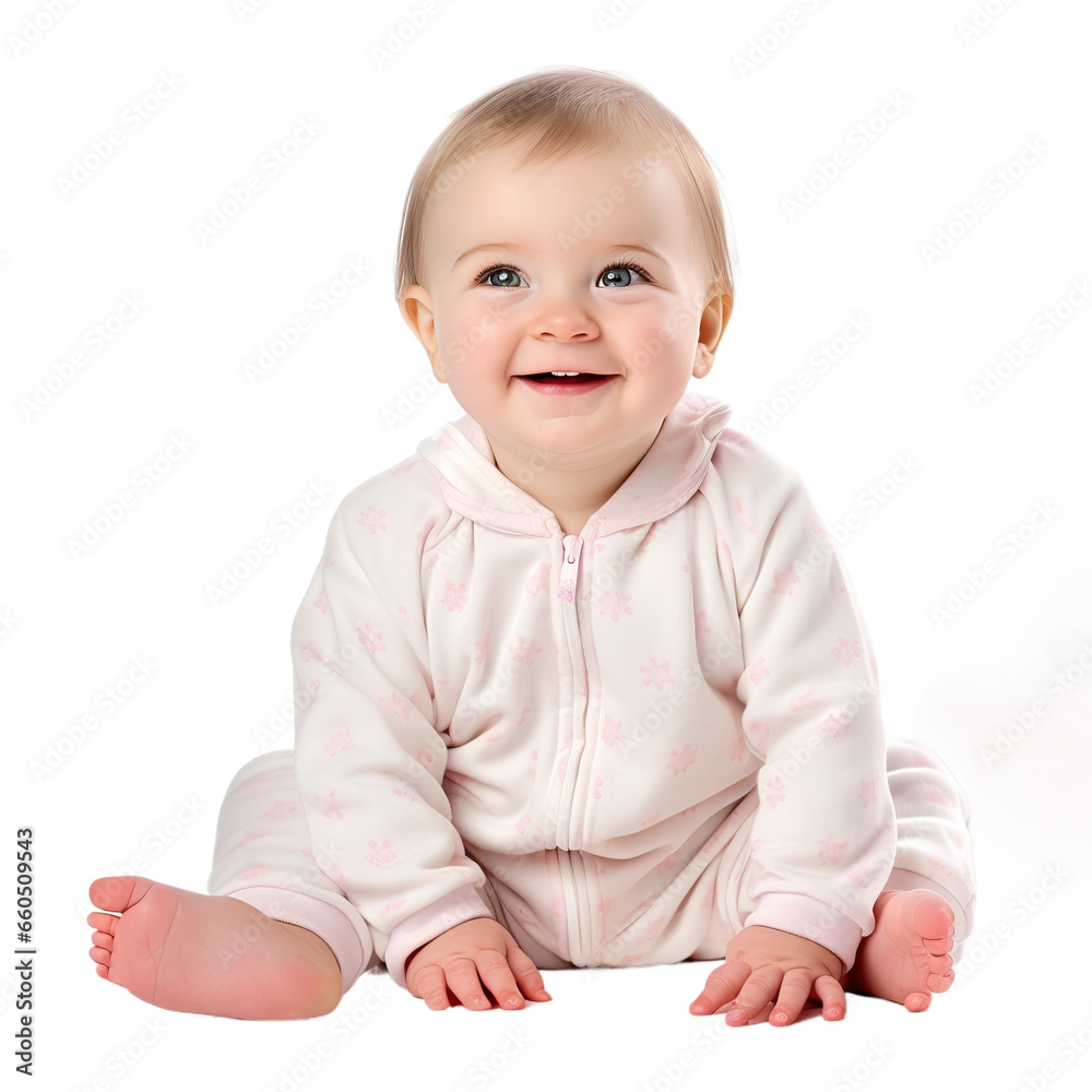 Smiling blonde baby girl sitting, isolated on white or transparent background. AI Generated. Smiling blonde baby girl sitting, isolated on white or transparent background. AI Generated.