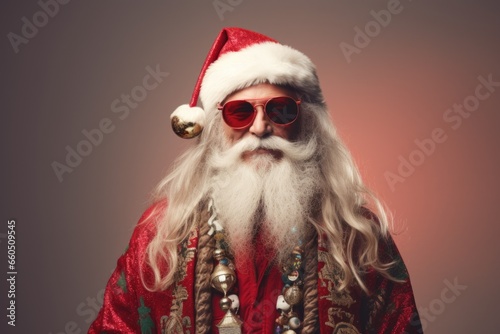 Santa claus with glasses and red sunglasses on red background.