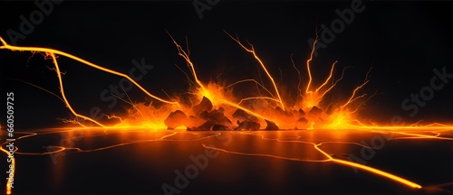 Orange electric voltage sparks on the floor of plain black background from Generative AI