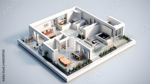 A floor plan of a bedroom with a bed and a balcony living room and bathroom floor plan, bedroom, bed, balcony, living room backgroung generative ai
 photo