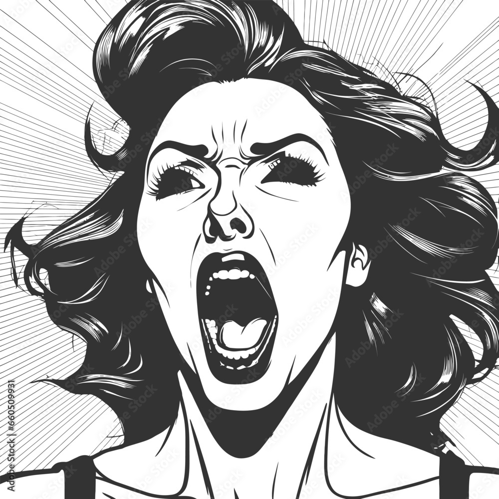 Close up of woman screaming face. Black and white vector illustration