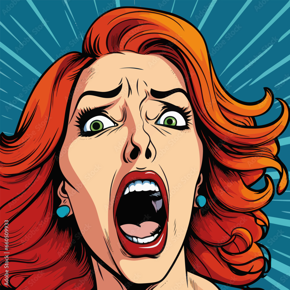 Close up of woman screaming face. Pop art style vector illustration